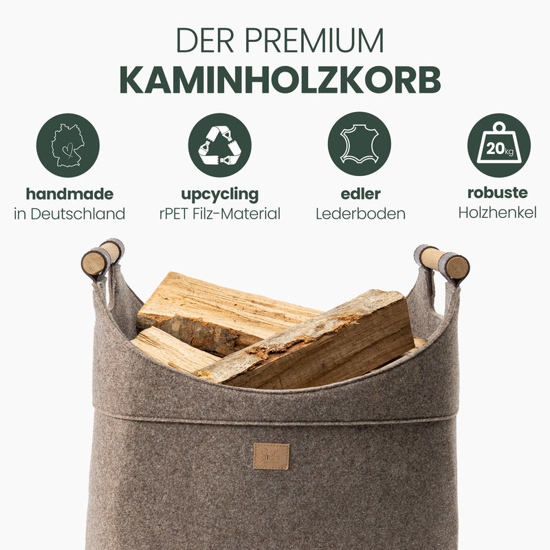 Holzkorb für Kaminholz Filz | mit Eichenholzgriffen | Beige